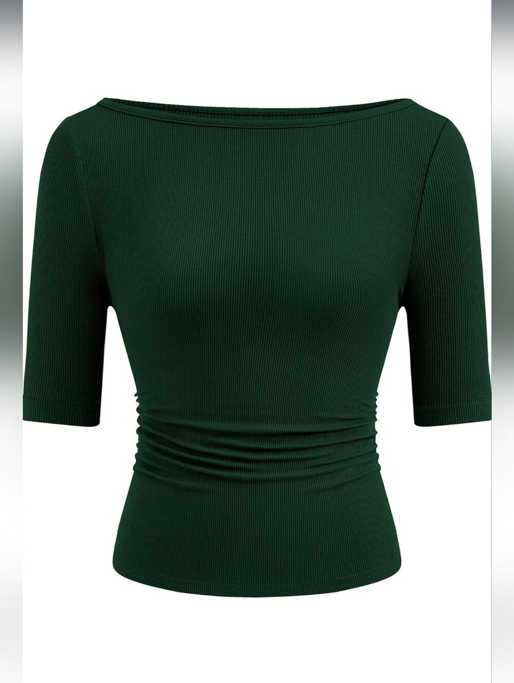 Ribbed Boatneck Short Sleeve Top in Deep Green